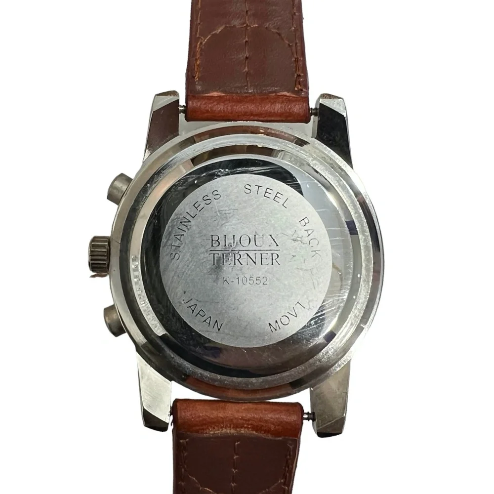 BIJOUX TERNER STAINLESS STEEL CHRONOGRAPH WRISTWATCH WITH BROWN LEATHER STRAP